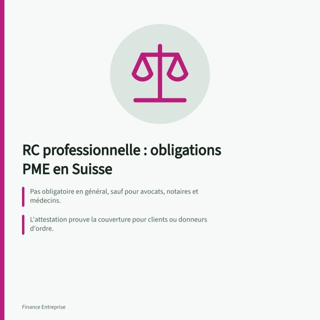 RC professionnelle : obligations PME en Suisse: Pas obligatoire en général, sauf pour avocats, notaires et médecins.; L'attestation prouve la couverture pour clients ou donneurs d'ordre.; Sans assurance, la PME assume seule les frais de dommages et défense. Assurance RC professionnelle : obligations des PME suisses et attestation