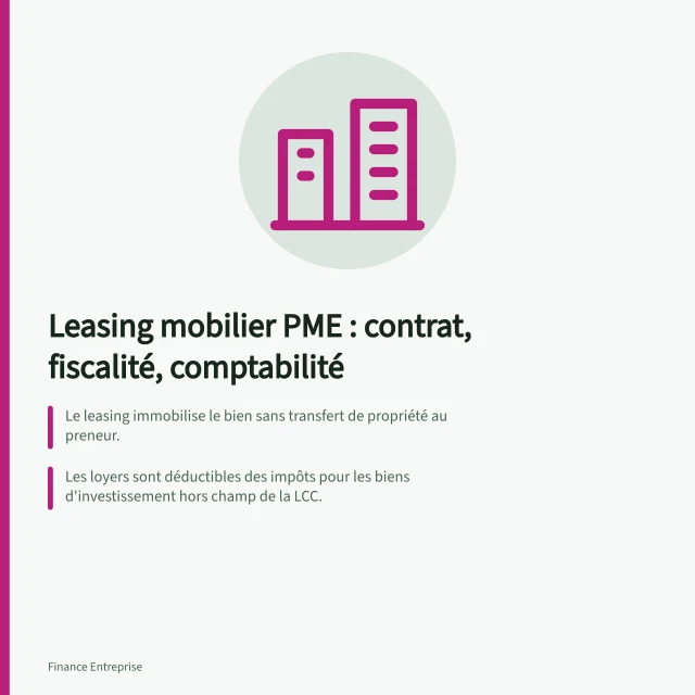 Leasing mobilier PME : contrat, fiscalité, comptabilité: Le leasing immobilise le bien sans transfert de propriété au preneur.; Les loyers sont déductibles des impôts pour les biens d'investissement hors champ de la LCC.; La part privée d'un véhicule est calculable à 0,9 % par mois du prix d'achat hors TVA. Leasing mobilier PME suisse : contrat, fiscalité, repères de comptabilisation