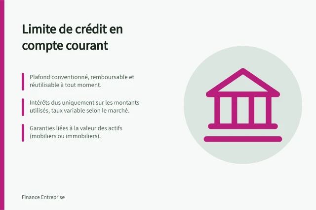 Limite de crédit en compte courant: Plafond conventionné, remboursable et réutilisable à tout moment.; Intérêts dus uniquement sur les montants utilisés, taux variable selon le marché.; Garanties liées à la valeur des actifs (mobiliers ou immobiliers). Limite de crédit en compte courant : couvrir un creux de trésorerie en PME