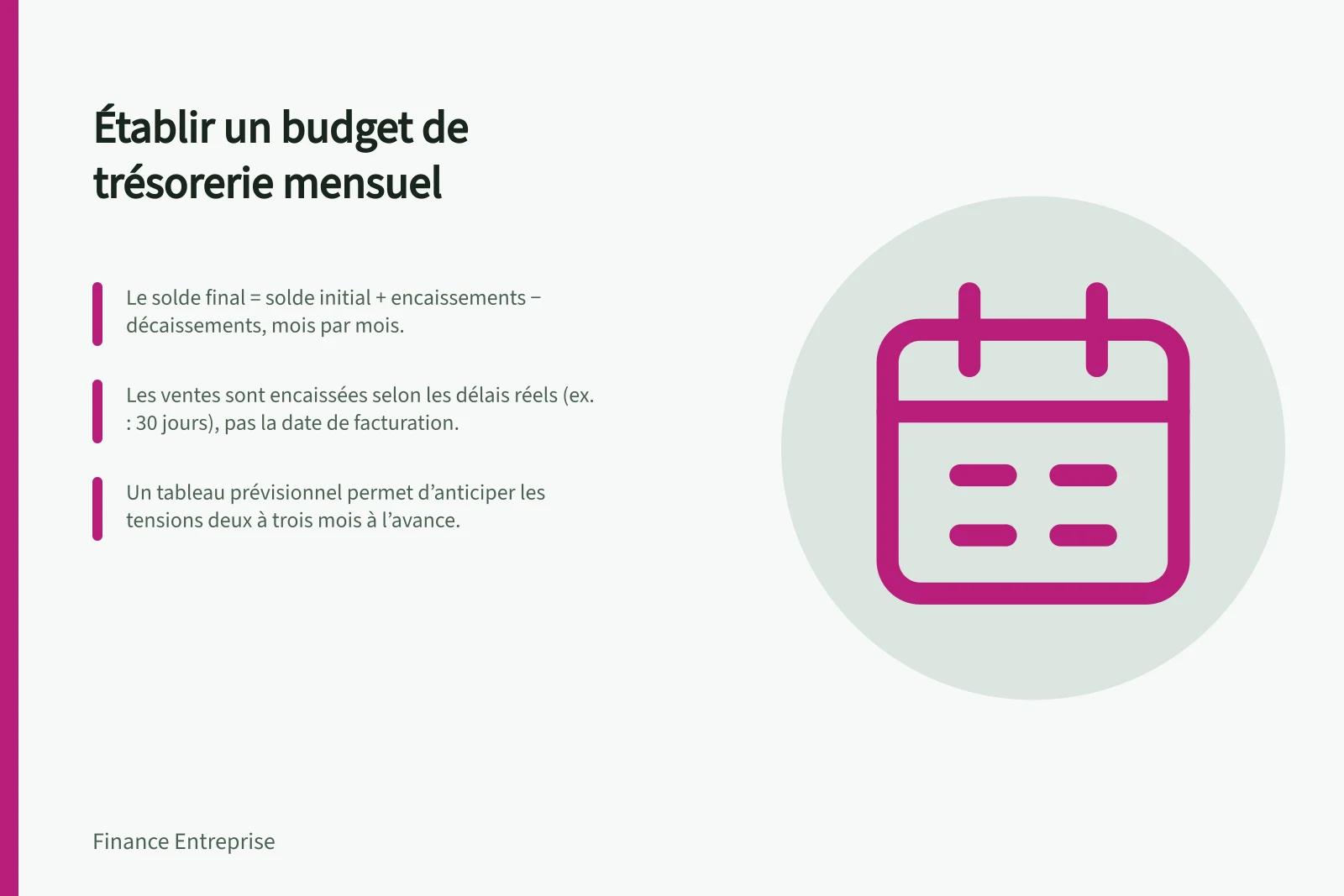 Établir un budget de trésorerie mensuel: Le solde final = solde initial + encaissements − décaissements, mois par mois.; Les ventes sont encaissées selon les délais réels (ex. : 30 jours), pas la date de facturation.; Un tableau prévisionnel permet d’anticiper les tensions deux à trois mois à l’avance.