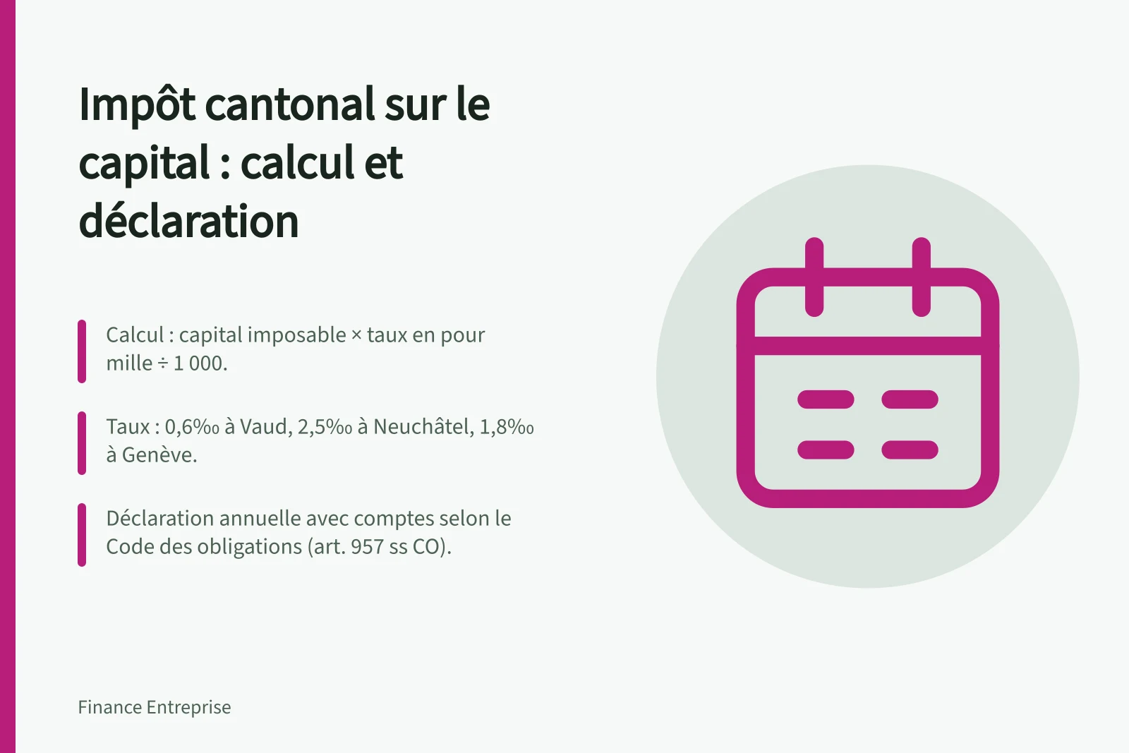 Impôt cantonal sur le capital : calcul et déclaration: Calcul : capital imposable × taux en pour mille ÷ 1 000.; Taux : 0,6‰ à Vaud, 2,5‰ à Neuchâtel, 1,8‰ à Genève.; Déclaration annuelle avec comptes selon le Code des obligations (art. 957 ss CO).