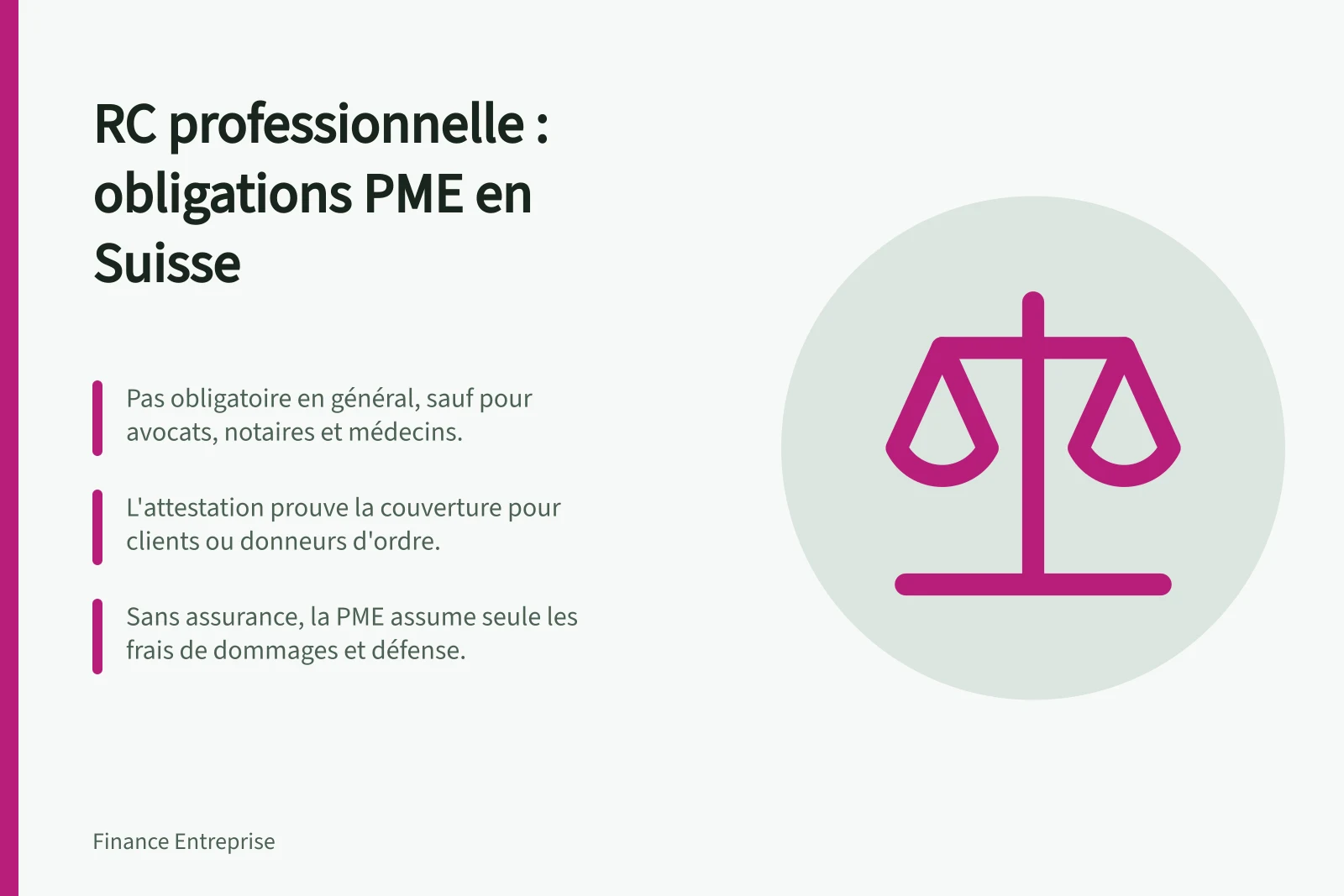 RC professionnelle : obligations PME en Suisse: Pas obligatoire en général, sauf pour avocats, notaires et médecins.; L'attestation prouve la couverture pour clients ou donneurs d'ordre.; Sans assurance, la PME assume seule les frais de dommages et défense.